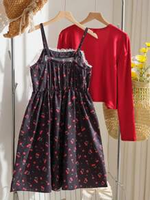 2pcs/Set Teen Girls Casual Cute Cherry Ditsy Floral Camisole Dress And Short Jacket Outfit