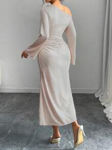 Rafferiza Vestido de mujer de unicolor con pliegues asimétricos en la cintura, de tela de tafetán, vestido largo para mujer