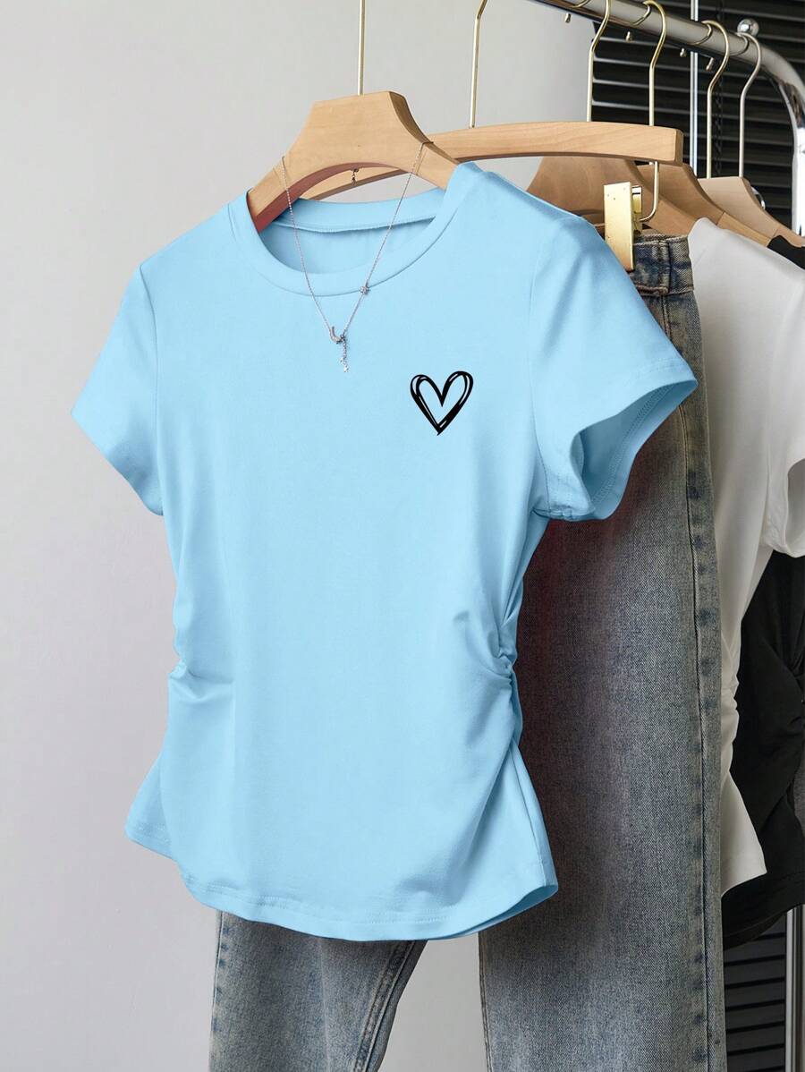 SHEIN Kaos Wanita Kasual Lengan Pendek Motif Hati dengan Detail Kerut - Baby Blue - View 1