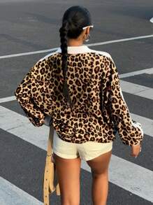 Muchica Sudadera holgada con capucha de manga larga con estampado numérico de leopardo para mujer