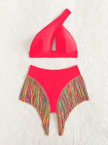 SHEIN Swim Vacation Beach Fringe Decorated Bikini Swimwear - Hot Pink - View 4
