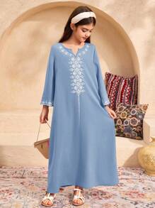 SHEIN Leap Crew Tween Girls Casual Holiday Print Floral Loose Swing 3/4 Sleeve Robe - Dusty Blue - View 4