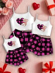 SHEIN Leap Crew Young Girl Simple Cartoon Bear Strap Top And Shorts Casual Homewear, Snug Fit For Summer - White - View 1