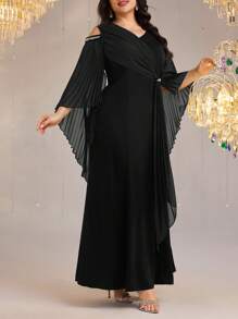 Modelyn Vestido elegante de fiesta con pliegues y decoración de abalorios en talla grande - Negro - Ver 3
