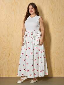 SHEIN MOD Vestido sin mangas midi con decoración de lazo, estampado, romántico y dulce, atuendo para citas, uso casual en vacaciones, talla grande