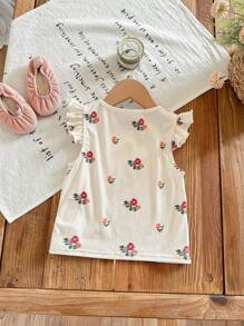 SHEIN LMoss Kids 年轻女孩碎花圆领荷叶边下摆修身休闲背心