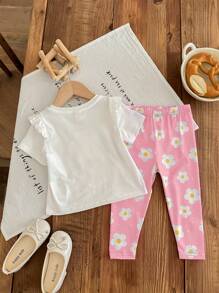 SHEIN 2pcs Baby Girls Spring/Summer Floral Knit Short Sleeve Top And Long Pants Set - Pink - View 2