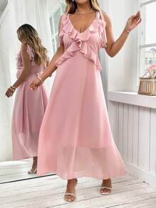 Celure Plus Size Elegant Solid Color Ruffle Trim Dress
