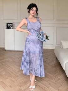 DAZY Mid-Calf Floral Print Sleeveless Dress For Women,Ruffle,Casual Women Dresses - Purple - View 6