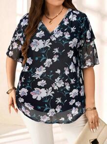 EMERY ROSE Plus Size Women Floral Print Ruffle Sleeve Blouse,Summer