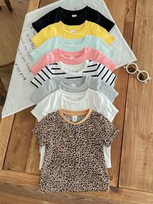 SHEIN LMoss Kids 8pcs/Set Baby Girl Summer Cute Versatile Knit Leopard Stripe Solid Color Short Sleeve Tops - Multicolor - View 3
