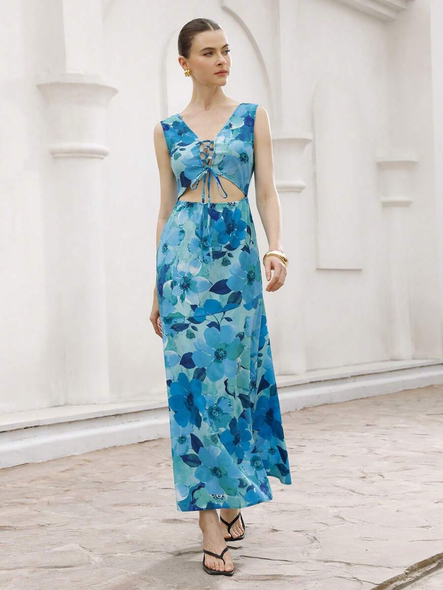 GENKIRA Women Light Blue Floral,Summer,Boho,Beach,Holiday Deep V Lace-Up Tie Dye Print Cutout Waist Ruffled Hem Dress Tropical Island Vacation - Multicolor - View 1
