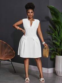 Slaydiva 白色优雅、派对、聚会、约会合身无袖深 V 领荷叶边下摆 A 字型大码连衣裙 - B - 白色 - 查看 3