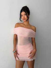 Aloruh 女士优雅性感纯色露肩透视网眼褶皱紧身迷你连衣裙 夏季连衣裙 春季服装 女士夏季服装 连衣裙 优雅度假服装 女士粉色连衣裙 图案 女士春季服装 舞会礼服 复活节沙滩装 夏季连衣裙套装 Y2k 太阳裙 可爱休闲婚礼毕业礼服 节日礼服 花裙 舞会礼服 狂欢节服装 节日