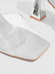 CUCCOO SZL Women Silver Square Toe Thick Heel Criss-Cross Strap Transparent Glass Lacquer Sandals - Silver - View 8