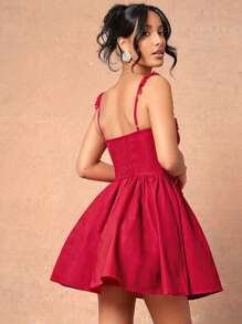 L'Amorae 女士红色紧身胸衣溜冰裙，配有荷叶边肩带 - 紅色 - 查看 3