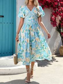 Robe de vacances mi-longue à imprimé floral romantique et décontracté pour femme