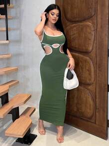 SHEIN SXY 女士腰部镂空露背迷你连衣裙 - 軍綠色 - 查看 3