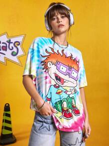 Nick 90s | SHEIN Women's Tie-Dye Cartoon Graphic Short Sleeve Casual T-Shirt, Summer - Multicolor - View 4