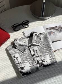 Kids Boy Casual Newspaper Print Turndown Collar Zip-Up Short Sleeve Woven Shirt, Suitable For Commuting, School, Daily Life, Vacation, Sports, Spring/Summer/Autumn/Winter