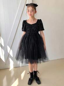 DAZY 青少年女孩时尚亮片撞色网眼泡泡袖连衣裙，女孩夏季服装，返校服装 - 黑色 - 查看 1