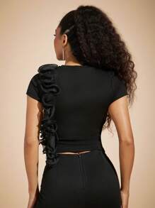 Vixey 3D 花朵荷叶边长袖圆领针织上衣，夏季上衣，波西米亚风 - 黑色 - 查看 6