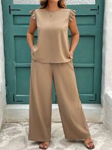 SHEIN Clasi 2pcs Women Plus Size Khaki Bubble Ruched Bell Sleeve Shirt & Wide Leg Elastic Waist Pants Set, Elegant Outfit For Spring/Summer Sets 2 Pieces Sets Ladies Sets For Women Matching Sets Women Two Pieces Set Women Two Pieces Outfit Women Sets For Women Casual,Business Casual Woman - Khaki - View 6