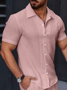 Manfinity Homme Camisa casual de manga corta con botones y textura para hombre para verano