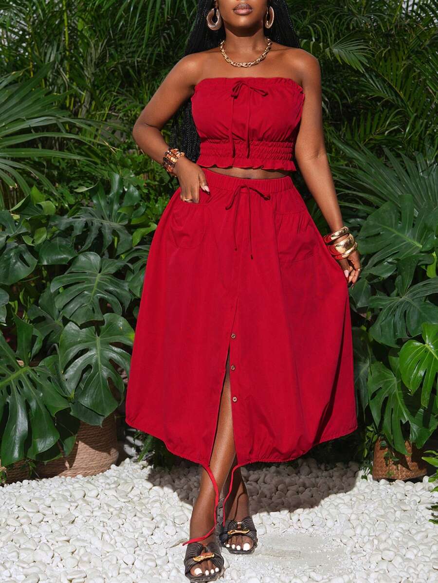 Slaydiva Nuevo conjunto de 2 piezas para mujer del verano 2025 versátil, casual, para vacaciones, crucero, playa, tomar el sol, calle, sin tirantes, fruncido, con lazo, bolsillos tipo cargo, abertura delantera, cordón, rojo, apto para festivales de música, Pascua, Día de San Patricio, estilo occidental, nómada, elegante, para ir al trabajo, graduación, estudiante, diario - Rojo - Ver 1