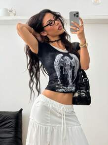 Coolane Women's Spring/Summer Grunge Goth Contrast Lace Virgin Mary Graphics Short Sleeve 2in1 T-Shirt