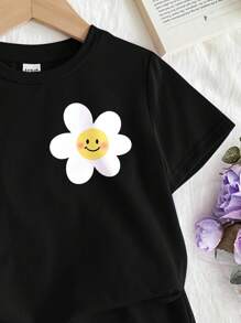 SHEIN Leap Crew 2 件 Tween 女童休闲简约短袖短裤套装，夏季服装 - 黑色 - 查看 3