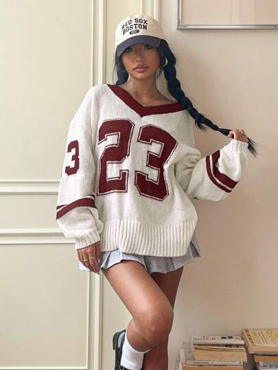 SHEIN Tween Girls Casual Comfortable Numeric Pattern V-Neck Loose Knit Sweater, Autumn/Winter Sweater, Numeric Pattern Sweater, Collegiate Style Mommy And Me Matching Outfits (2 Pieces Are Sold Separately) Fall Y2k Outfit Sweater Girl Varsity Sweaters 16 Years Old Girls Sweater Sweater Teen