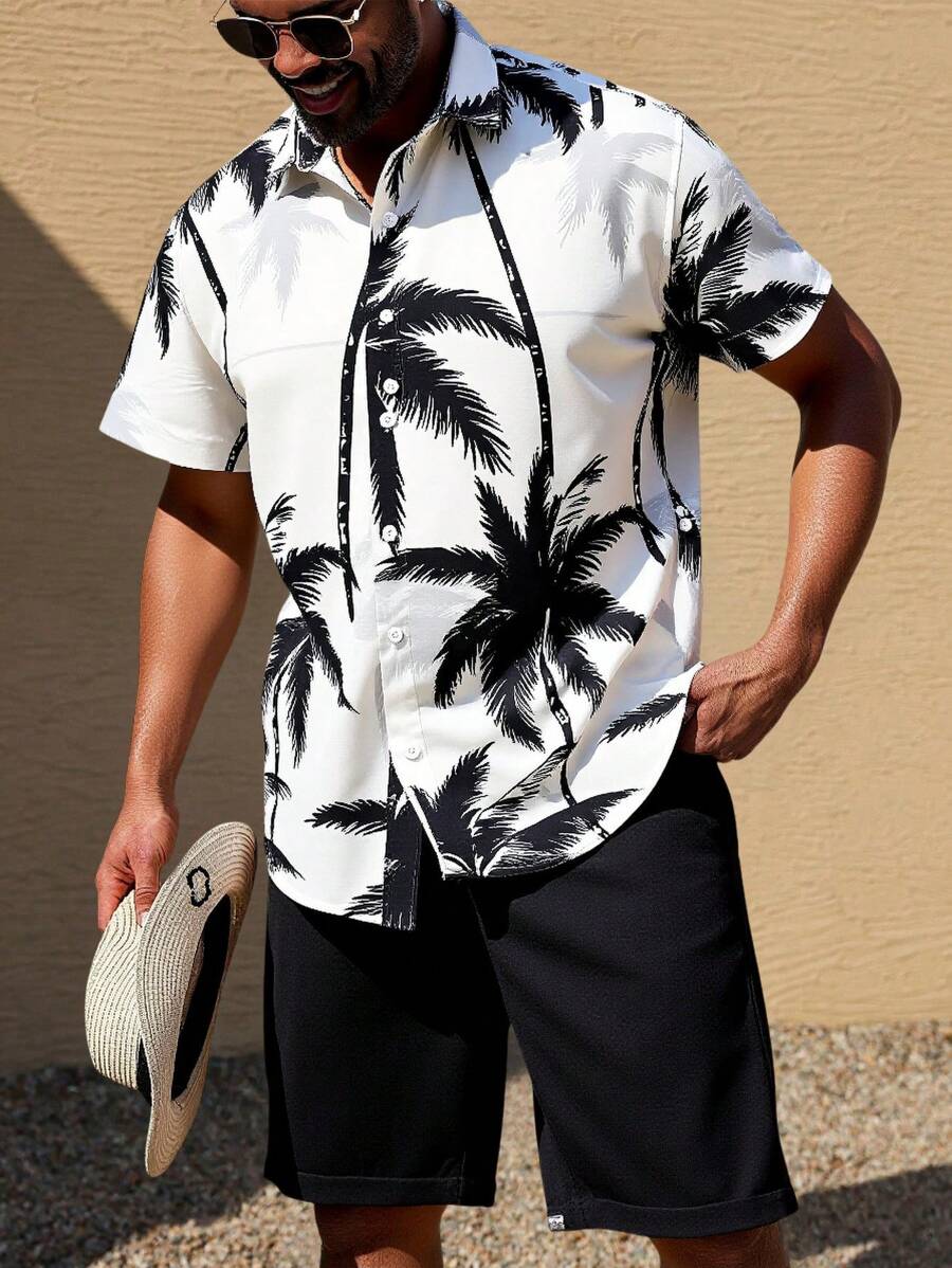 Manfinity RSRT 大码男士不对称数码棕榈树印花短袖衬衫和短裤 2 件套
