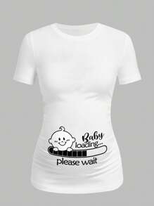 Modmama Casual Cartoon "Please Wait Loading" Print Round Neck Short Sleeve Slim Fit Maternity T-Shirt, Suitable For Summer