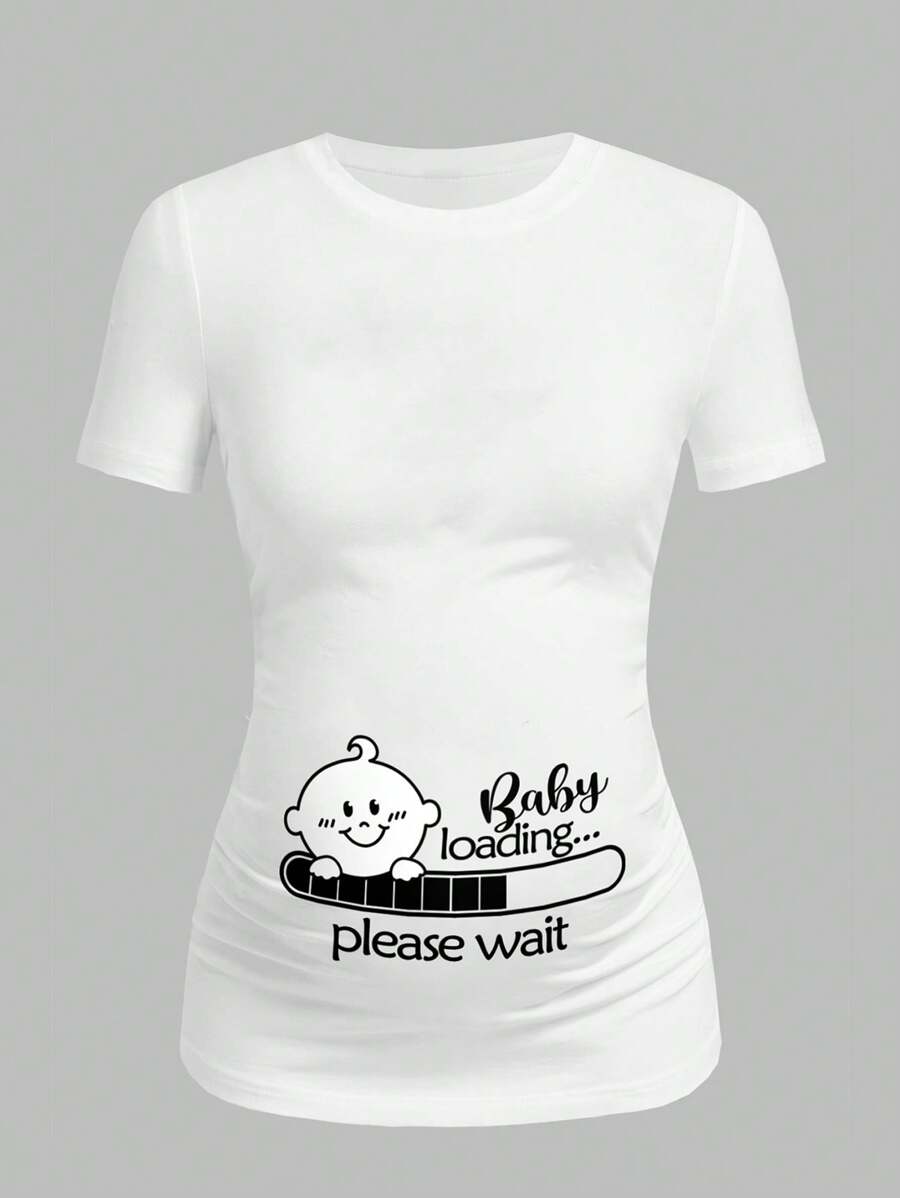Modmama Casual Cartoon "Please Wait Loading" Print Round Neck Short Sleeve Slim Fit Maternity T-Shirt, Suitable For Summer