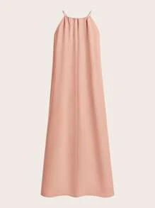 SHEIN BASICS 1pc Women's Solid Color Casual Woven Halter Side Slit Dress - Pink - View 7