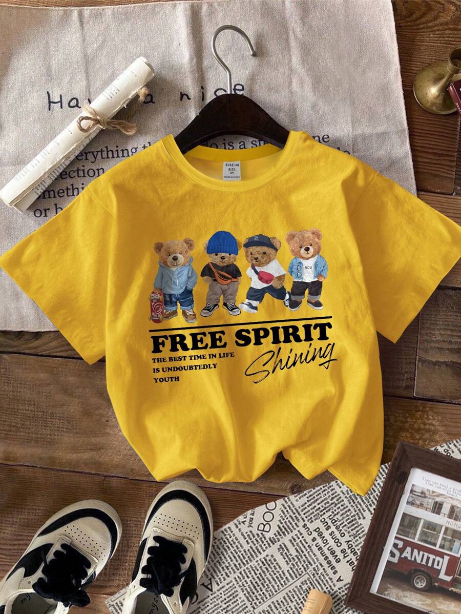 SHEIN 适合夏季的年轻男孩简约休闲圆领T恤 - 黃色 - 查看 1