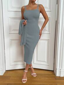Rafferiza 2 Pieces Set: Solid Color Hollow-Out Knitted Sweater & Form-Fitting Camisole Dress - Grey - View 3