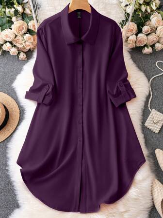EMERY ROSE Plus Size Solid Color Button Front Dress With Curved Hem Fall Cloth For Women
