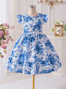 SHEIN Tween Girls 蓝色花朵印花可爱荷叶边露背蝴蝶结节日连衣裙，度假，波西米亚风格，音乐节，复活节，返校，派对午餐，可爱有趣的花园下午茶 - 藍白色 - 查看 6