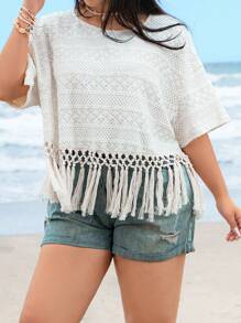 SHEIN VCAY 大码纯色休闲度假流苏下摆T恤，流苏，短款上衣，海滩，热带度假女装 - 白色 - 查看 6