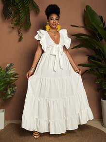 Maweii Vestido casual de talla grande para mujer, tipo línea A, de un solo color, con lazo en el pecho, para vacaciones