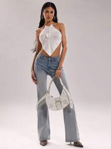 SHEIN BAE Canottiera estiva da donna dal collo a balza, con decorazione a fiori 3D e schiena scoperta, in maglia
