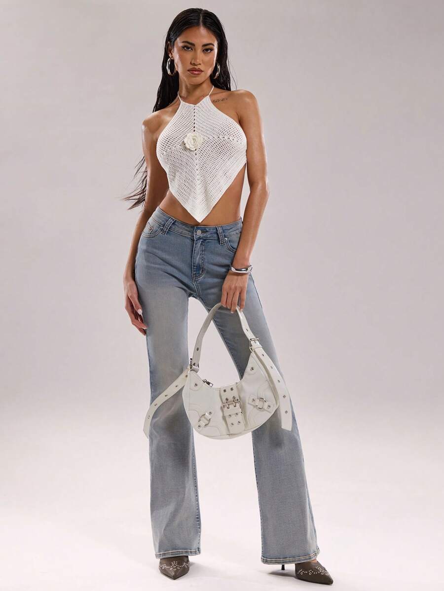 SHEIN BAE Canottiera estiva da donna dal collo a balza, con decorazione a fiori 3D e schiena scoperta, in maglia