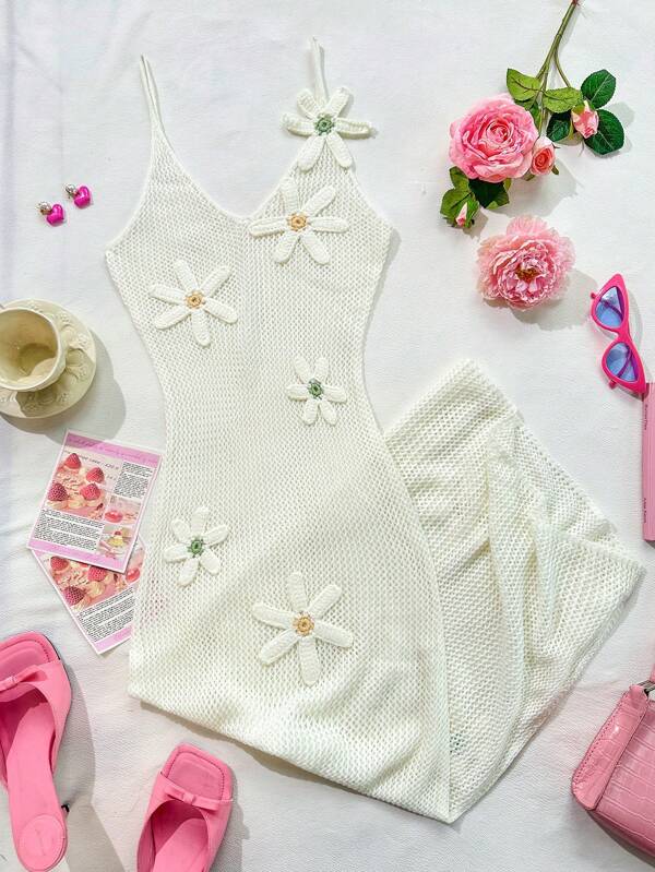 Elamini Vestido casual de vacaciones con tirantes de espagueti y decoración floral de punto