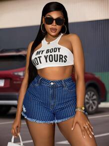 SHEIN SXY Shorts elásticos de tela jacquard a rayas de talla grande de mezclilla