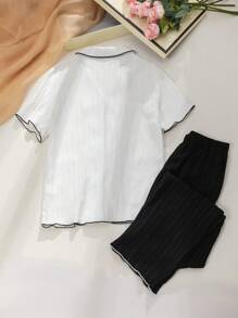 Set de 2 piezas de ropa casual para adolescente - Camisa de manga corta blanca y pantalón largo negro sólido, conjunto de vestir cómodo y de moda para usar en casa, pijamas para jóvenes, camisas y conjuntos de camisas para chicas adolescentes - Multicolor - Ver 2