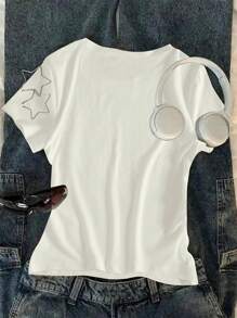 Sparklyn Teen Girls' Heart Print Round Neck Short Sleeve Casual T-Shirt Summer Holiday - White - View 2