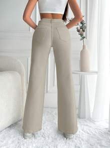 EURMUSE Casual Solid Flare Leg Jeans - Beige - View 2