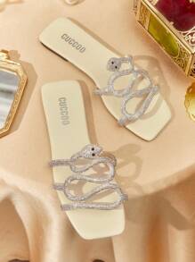 CUCCOO TILAWA 女士杏色蛇纹水钻装饰方头平底凉鞋，时尚通勤、约会、派对、街头、度假、婚礼必备 - 米色 - 查看 1